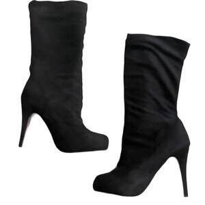 Wild Diva Mid Calf Booties 7.5 Glam Suede High Heel Stilleto Pointed Toe Black